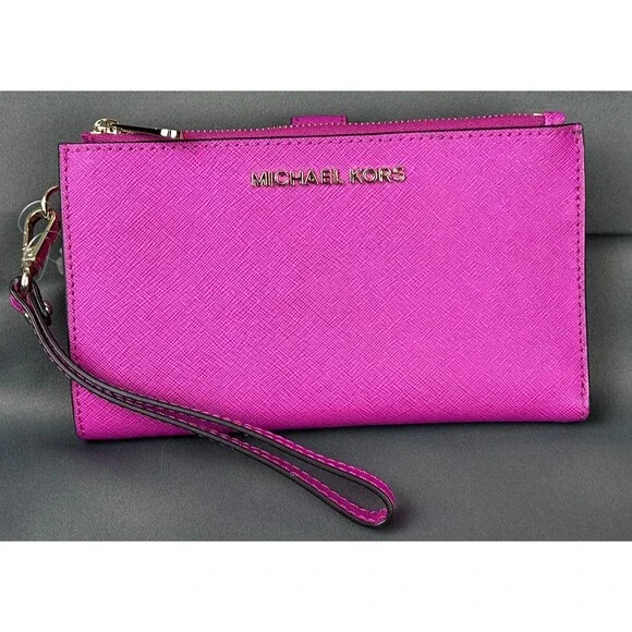 Michael Kors Pink Fuschia Leather Jet Set Travel Double Zip Wristlet Wallet - Picture 1 of 16